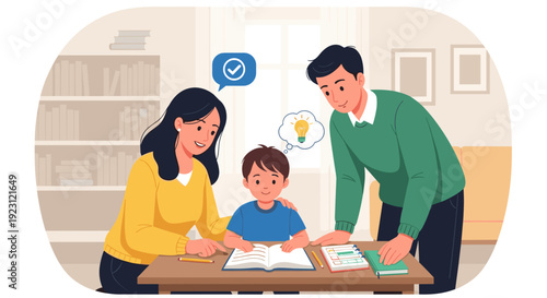 Family Helping Child with Homework Together.