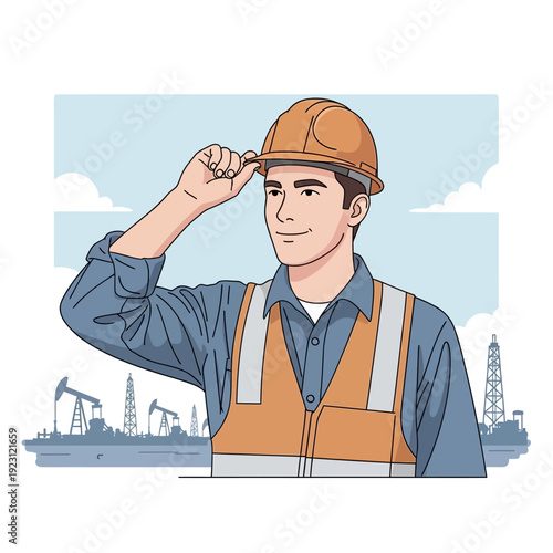 Construction worker wearing hard hat and safety vest looking forward.