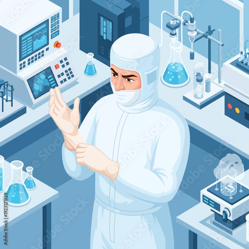 Scientist in sterile cleanroom suit preparing for laboratory work.