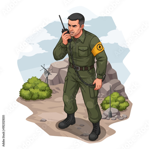 Soldier in uniform holding a walkie-talkie and communicating.