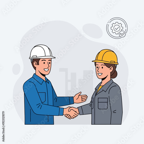 Two construction workers shaking hands in agreement and partnership.