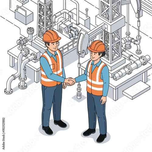 Two construction workers shaking hands in agreement at an industrial site.