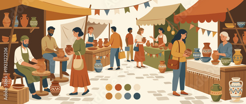 Flat vector illustration of a traditional pottery market featuring artisans crafting ceramics on wheels and shoppers browsing stalls filled with handmade vases, bowls, and pots in warm tones.