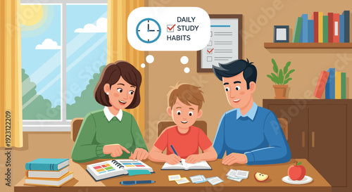 Family Studying Together at Home Desk 1.