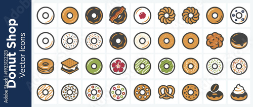 Set of 32 flat design donut shop vector icons featuring various flavors and toppings like chocolate glaze, sprinkles, matcha, jelly, bacon, s'mores, and pretzel for bakery menus, apps, and web.