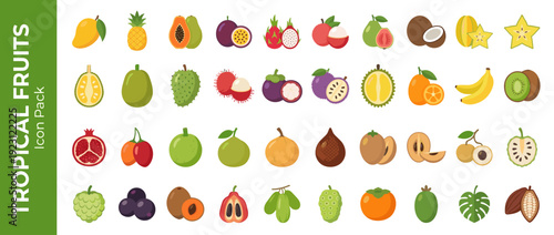 Vector icon set of 36 tropical fruit varieties in flat design. Includes mango, pineapple, dragon fruit, durian, mangosteen, papaya, lychee, and guava. Clean shapes and modern palette for food.