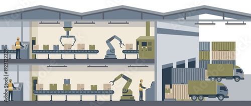Modern Logistics Fulfillment Center with Automated Conveyor Belts, Robotic Arms, and Workers Processing Packages for Shipping and Distribution in a Two-Story Industrial Warehouse Illustration