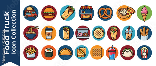 Vector Icon Set of 24 Street Food and Food Truck Items Featuring Burger, Pizza, Taco, Hot Dog, Sushi, Coffee, Ice Cream, and More in a Flat Design Style with Bold Colors and High Contrast Outlines