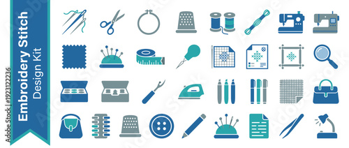 Flat Design Vector Icon Set of 28 Embroidery and Cross Stitch Supplies. Professional Kit Featuring Sewing Machine, Needle, Thread, Scissors, Hoop, Thimble, Pincushion, Fabric, and Sewing Tools.