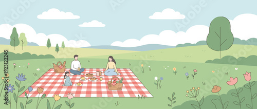 Flat vector illustration of a happy family having a picnic in a sunny spring meadow with wildflowers, a red checkered blanket, picnic baskets, and food under a blue sky with fluffy clouds.