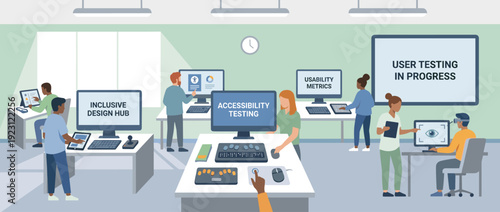 Flat vector illustration of a modern accessibility testing lab for inclusive product design. Diverse team of researchers and users testing software with assistive technology and input devices.