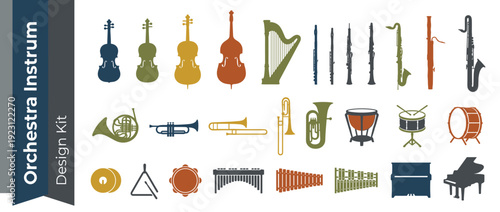 Collection of 28 Orchestra Instrument Silhouettes in Flat Design Style with Muted Editorial Palette. Includes Strings, Woodwinds, Brass, Percussion, and Piano Icons for Musical Graphic Design.
