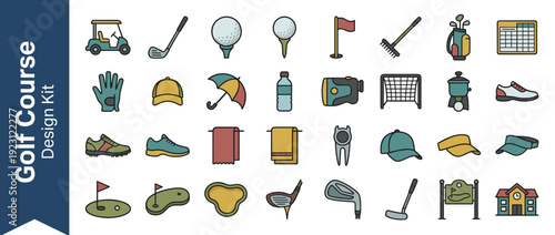 Set of 28 Golf Course Equipment and Accessories Vector Icons; Flat Design Graphics of Golf Cart, Clubs, Balls, Tees, Flags, Bags, Scorecards, Gloves, Caps, Shoes, Rangefinder, and Clubhouse Icons.