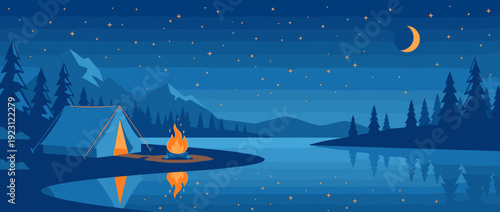 Flat vector illustration of a peaceful lakeside camping scene with a blue tent and glowing campfire under a starry night sky with a crescent moon, mountains, and pine trees reflecting in water.