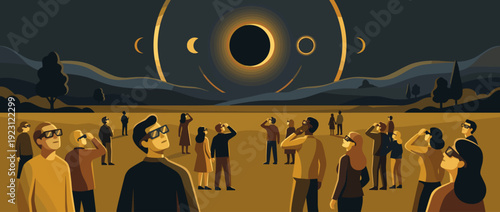 Flat vector illustration of a crowd of people wearing protective solar eclipse glasses watching a total solar eclipse event with lunar phases in the sky over a landscape at dusk or dawn.