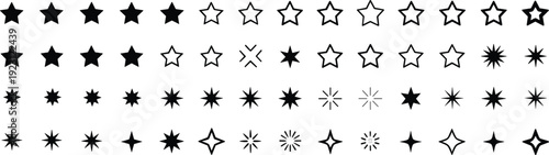 Star icons collection with solid, outline and sparkle shapes, rating symbols and decorative burst elements vector set