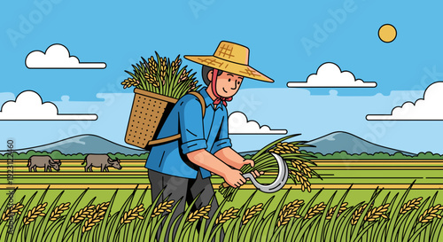 Farmer Cutting Grass with Sickle.