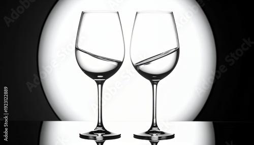 Two elegant wine glasses with liquid in motion, set against a luminous circular backdrop, creating a striking visual contrast.