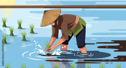 Farmer in Conical Hat Working in Paddy Field.