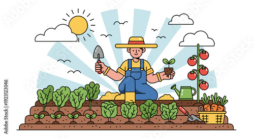 Farmer Kneeling in Vegetable Garden Illustration.