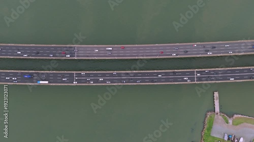 Aerial Top Down View of Florianópolis Access Bridges Over the Sea