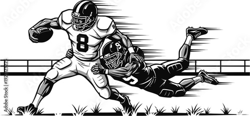 Dynamic american football player running with ball and being tackled: Design for sports tournament posters, team branding merchandise, or super bowl event flyers. Transparent background EPS version.