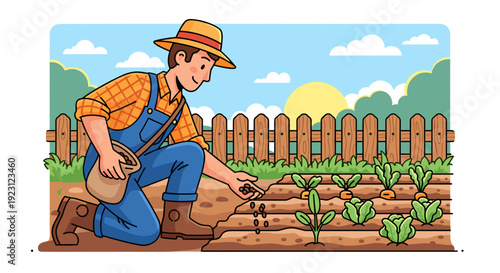 Farmer Planting Seeds in Garden Soil.