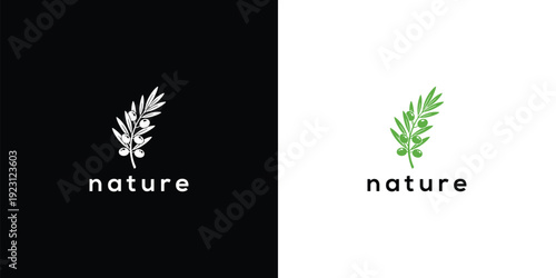 Nature Logo Olive Branch on Black and White Backgrounds.