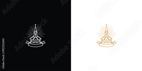 Elegant Church Logo Emblem with Rays Black  White Backgrounds.