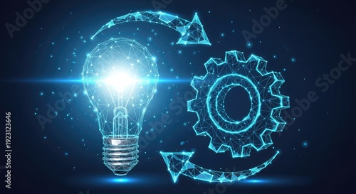 A luminous blue polygonal light bulb and a glowing wireframe gear are interconnected by two curved arrows, positioned centrally against a dark, particle-filled background.