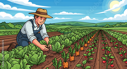 Farmer Tending Crops in Vegetable Garden.