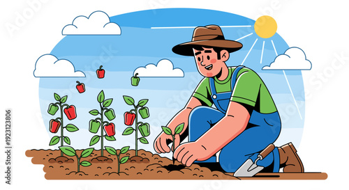 Farmer Tending to Strawberry Plants.