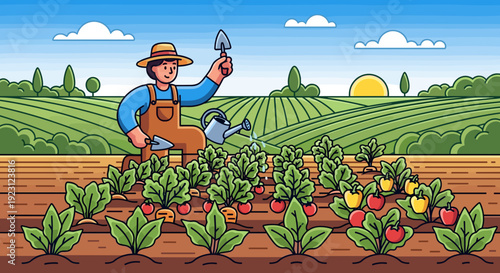 Farmer Tending to Tomato Plants in Garden.