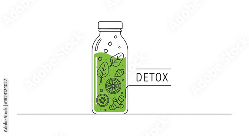 Green Detox Juice in a Bottle with Ingredients, Healthy Lifestyle Concept