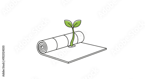 Green sprout growing from a rolled up mat, symbolizing growth and new beginnings
