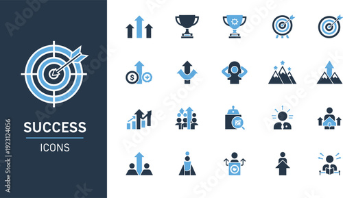 Success and Achievement Icon Set with Target Bullseye Trophy Cup Business Growth Arrows and Leadership Symbols for Performance Tracking