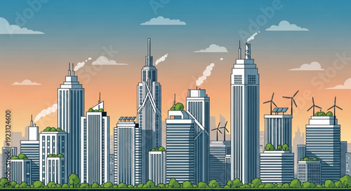 Modern cityscape with skyscrapers and wind turbines at sunset urban landscape with sustainable energy
