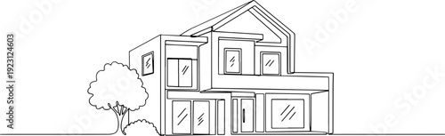Architectural line art concept illustrating a two-story modern family house design, featuring clean lines and a contemporary aesthetic, perfect for urban development projects