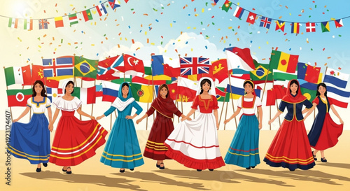 Diverse women in traditional dresses dancing with international flags on a sunny day