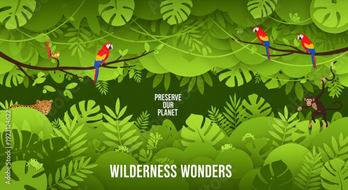 Vibrant jungle scene with colorful parrots on branch amidst lush greenery and preserve our planet text