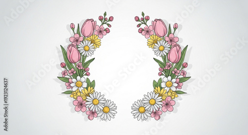 Floral design with pink tulips daisies and leaves on white background decorative flowers arrangement