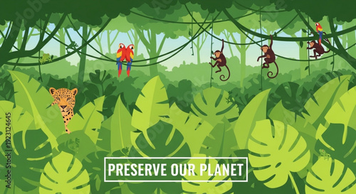 Monkeys and leopard in jungle with preserve our planet sign eco friendly concept with animals