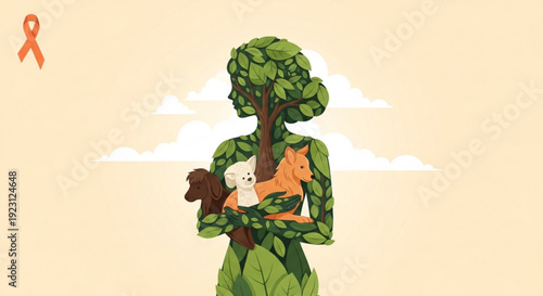 Tree person holding animals symbolizing environmental conservation and wildlife protection