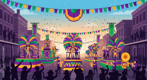 Mardi gras parade floats with colorful decorations and people celebrating in the street at sunset with purple green and yellow balloons