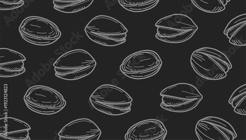 Pistachio Nut Seamless Pattern. Hand Drawn Pistachio Doodle  for Packaging Design. Pistachio Doodle Pattern. Sketch Vector Background