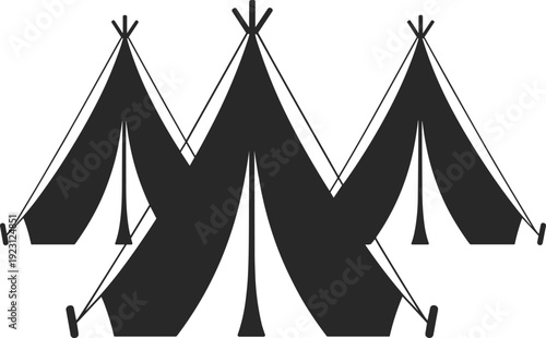 Three black and white teepee tents arranged in a row with poles and ropes outdoor