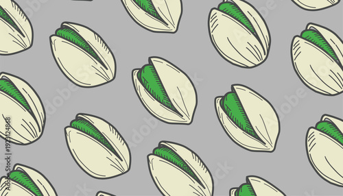 Pistachio Nut Seamless Pattern. Hand Drawn Pistachio Doodle  for Packaging Design. Pistachio Doodle Pattern. Sketch Vector Background