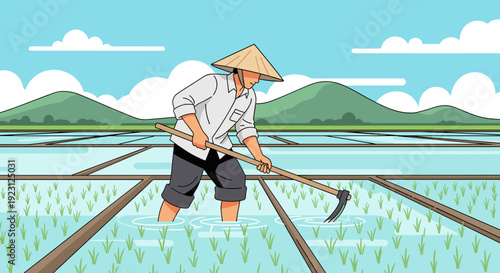 Farmer Working in Rice Paddy Field 24.