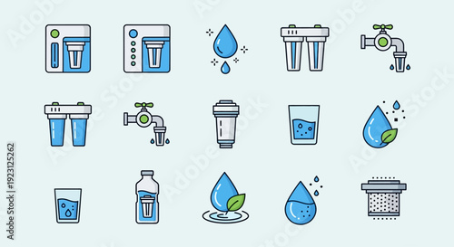 Water purification and filtration system icons set for clean drinking water.
