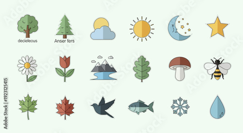 Collection of Nature and Weather Icons Featuring Trees Flowers Sun Moon and Animals.